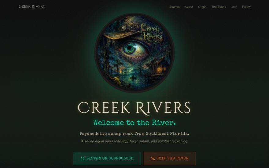 Screenshot of the Creek Rivers Music website