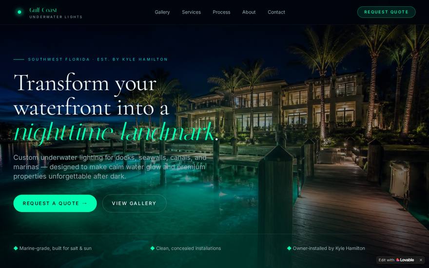 Screenshot of the Gulf Coast Underwater Lights website