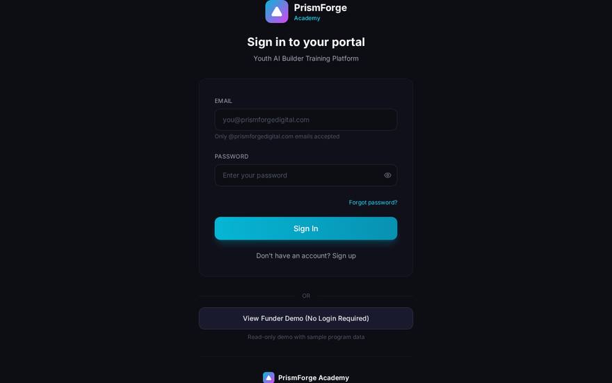 Screenshot of the PrismForge Academy website