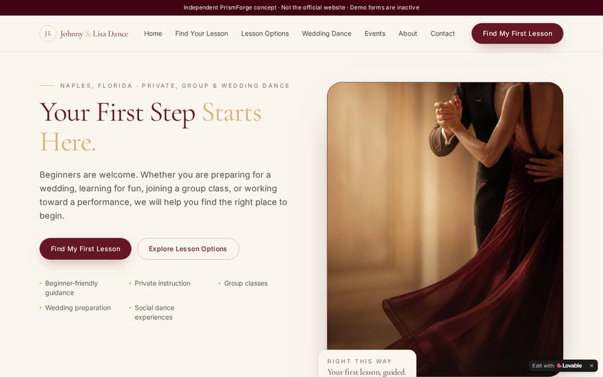 Screenshot of the Step Ahead Dance website